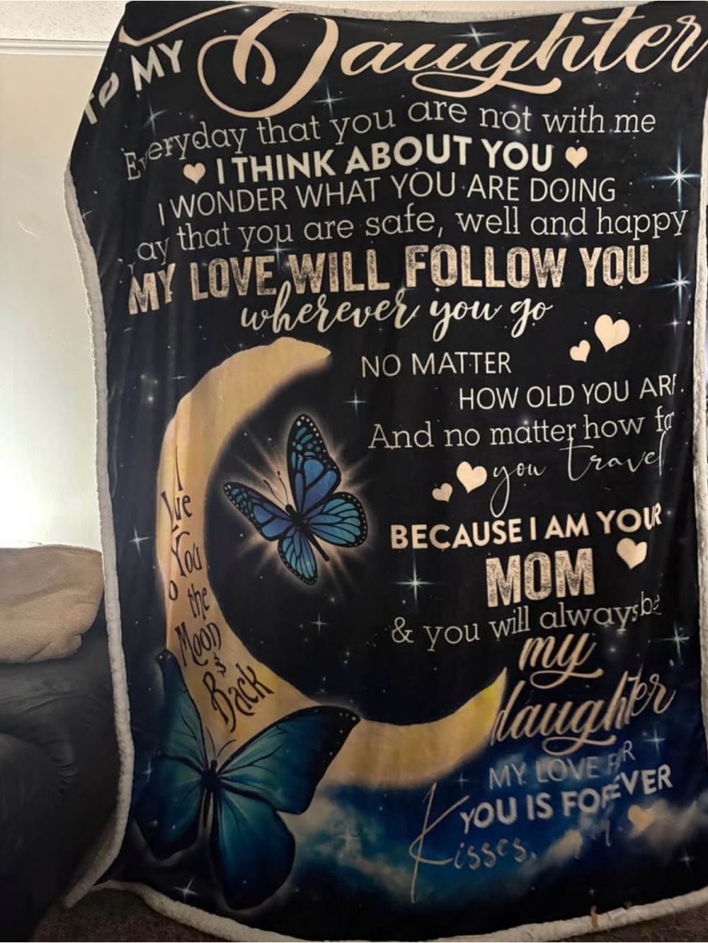 Mom to Daughter Sherpa Throw Blanket - Blue and Black